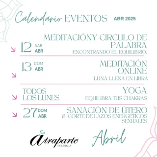 Hola hola bellos seres 🫶🏻
No queríamos dejar pasar más tiempo sin compartirles los eventos de bienestar que tendremos en este abril.

Un mes para seguir avanzando y sanando en tribu!🫶🏻
.
.
.
#atraparteholistico #bienestar #sanacion.